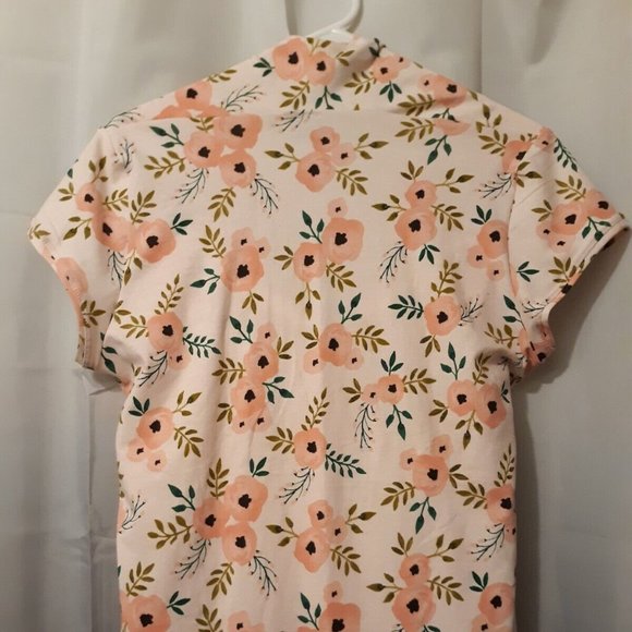 New Attached Shrug T-shirt Top L Peach Floral Green Leaves Short Cap Slv Blouse - Picture 6 of 8